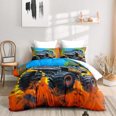 Imagem de CCoutueChen Conjunto de edredom de caminhão, tamanho casal, amarelo, com estampa de roda, coquete, macio, leve, 3 peças com 2 fronhas