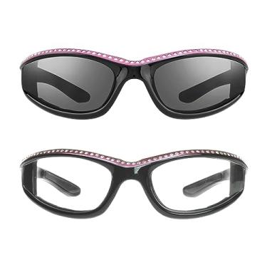 Imagem de Óculos de sol de motocicleta com strass acolchoados para mulheres Lentes amarelas com visão noturna e armações modernas de strass (rosa fumê + combo rosa claro)