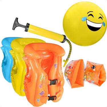 Imagem de Colete Salva Vidas Flutuação Infantil Cor + Bola Vinil Inflavel e Bomb