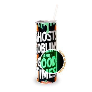 Imagem de Hogg Copo de Halloween que brilha no escuro - copo fantasma, copo de terror de aço inoxidável de 590 ml com tampa e canudo, decoração de terror, presentes assustadores, copos de Halloween