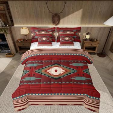 Imagem de Feelyou Conjunto de edredom vermelho rústico ocidental com lençol de casal do sudoeste, tribal, tamanho casal, 7 peças, geométrico, boêmio, em microfibra macia, decoração de quarto oeste