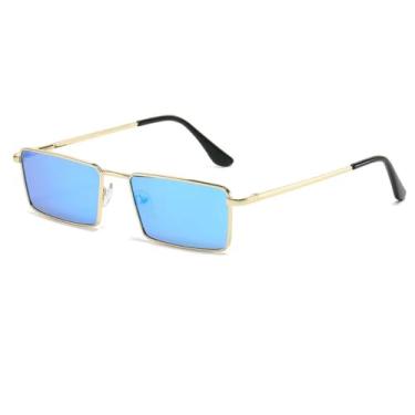 Imagem de HCHES Óculos de sol pequenos de metal vintage, masculino e feminino, óculos de sol femininos, UV400 (dourado e azul espelhado)
