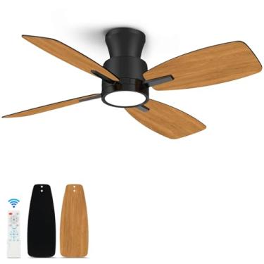 Imagem de Roomratv Ventiladores de teto com luzes, ventilador de teto de 106.7 cm com montagem embutida com luz noturna, motor CC reversível silencioso com iluminação regulável, ventilador de teto moderno de