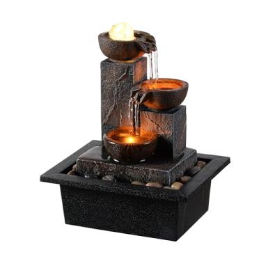 Imagem de Tolevoit Três tigelas com bola rotativa fluindo fonte de mesa decoração de casa decoração interna/externa cachoeira som zen mini fonte luz LED quente pedra seixos (23114)