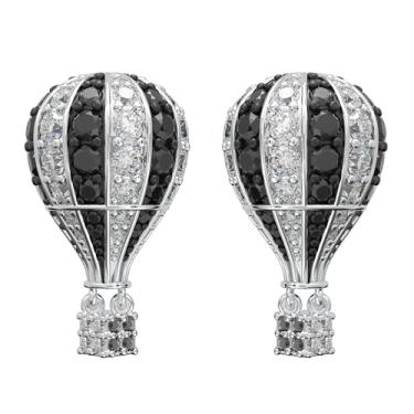 Imagem de Brincos pendentes de balão de ar quente de zircônia cúbica de zircônia cúbica folheados a ouro preto brilhante e Wihte, brincos de prata esterlina 925, joias modernas e clássicas, presente para