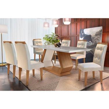 Imagem de Sala de Jantar Completa Alvorada Tampo Madeirado c/ Vidro Canto Reto 180x90cm e 6 Cadeiras Imperatriz Imbuia/Off White - Suede Creme - Rufato