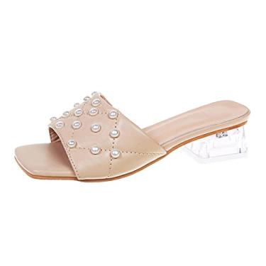 Imagem de FLYSONG Sandálias femininas salto grosso salto baixo – sandálias de salto baixo com strass e bico aberto cristal pérola sandália sem cadarço vestido de festa casamento, Bege, 7