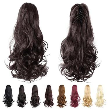 Imagem de Garra de extensão de rabo de cavalo, extensões de cabelo marrom HSPJHTM, garra de extensão de rabo de cavalo para mulheres, cabelo cacheado, 40,6 cm, extensões de cabelo de rabo de cavalo sintéticas volumosas, onduladas, resistentes ao calor, marrom escuro