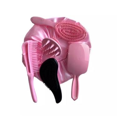 Imagem de Kit 05 Escova Flex com Raquete Fashion Escova Mágica Massageador de Silicone e Touca de Cetim (Rosa Bebê)
