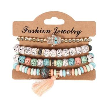 Imagem de Conjunto De Pulseiras Boho Femininas Com Contas De Madeira, Pingente Á