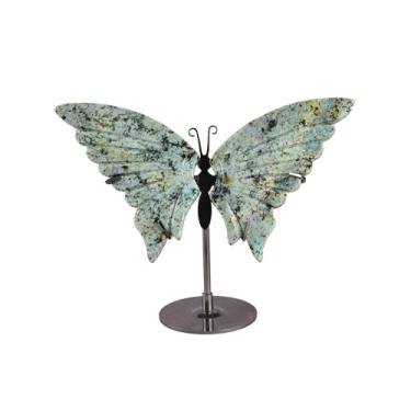Imagem de JIC Gem Howlita verde natural turquesa quartzo cristal borboleta cura pedra preciosa arte asas esculpir artesanato ornamento com suporte de exibição decoração Reiki Chakra Balance (1 par, 10 cm)