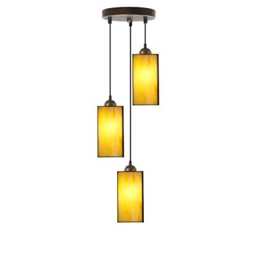 Imagem de L-Juicwe Luminária pendente Tiffany de 3 luzes de vidro colorido amarelo âmbar ajustável para sala de jantar no teto, quarto, corredor