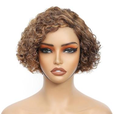 Imagem de Peruca de cabelo humano cacheado curto, sem cola, destaque, marrom, cacheado, cacheado, sem cola, Pixie perucas de corte curto para mulheres negras peruca lateral peruca de cabelo humano encaracolado