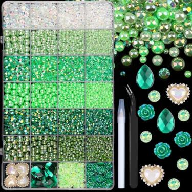 Imagem de 11200 peças de pérolas planas e strass de resina para artesanato, meias pérolas verdes de 3 a 8 mm e strass de geleia de 3 a 6 mm com ferramentas de captação, pedras de gota para artesanato faça você