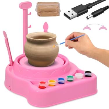 Imagem de Kit de roda de cerâmica infantil, mini roda de cerâmica completa e kit de pintura, kit de artesanato de roda de cerâmica elétrica, máquina de fazer argila DIY com ferramentas de modelagem para adultos