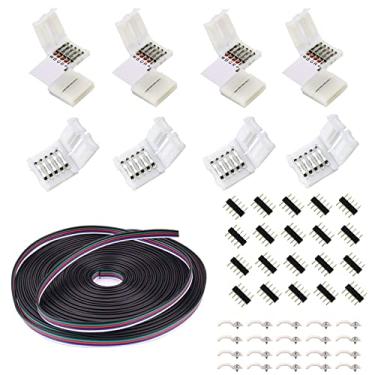 Imagem de ENQIMAOYI O kit de conectores RGBW de 5 pinos inclui linha de cabo de extensão de 16,4 pés 22AWG, conector em forma de L, conectores sem solda para fita de luz LED de 12 mm 5050 RGBW