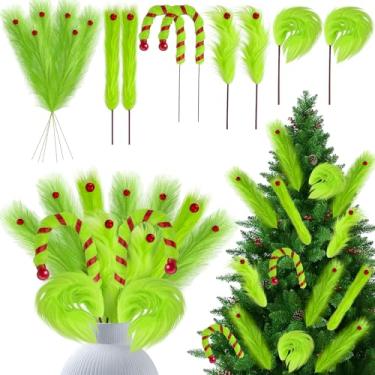 Imagem de RunNico 14 palhetas peludas de árvore de Natal, palitos variados verde-limão, enfeites de caule de topo de árvore de Natal para festa de Natal, vaso de guirlanda, enchimento de galhos, decoração de