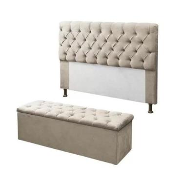 Imagem de Kit Cabeceira e Calçadeira Baú Mirage Queen 160cm Renascer Decor, Bege