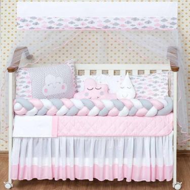 Imagem de Kit Berço 11 Peças Nuvem Trança Menina Com Saia Box Rosa