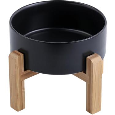 Imagem de DJJJOOYS Tigela preta de cerâmica levantada/elevada para raças de tamanho médio e grande, tigela de água com suporte, 15 cm, peso pesado, antiderrapante, 3,6 xícaras