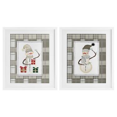 Imagem de Stupell Industries Conjunto de 2 peças de bonecos de neve aconchegantes em xadrez com moldura branca sob vidro, design de Cindy Jacobs, 16 x 13