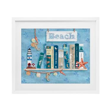 Imagem de Stupell Industries Painel de prateleira de livros Beachy Impressão emoldurada branca sob vidro, design por Emma Leach, 43 x 53 cm