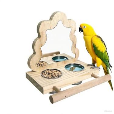 Imagem de Alimentador ecológico para pássaros com prato de aço inoxidável, poleiros de madeira natural e espelho – Fácil de limpar/refil para papagaio, calopsitas, periquitos, periquitos e pássaros pequenos