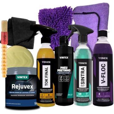 Imagem de Kit Limpeza Automotiva Vonixx, Vintex Rejuvex 400g, Pneu Pretinho 500ml, Shampoo V-Floc 500ml, Sintra Fast 500ml, Cera Tok Final 500ml, com Acessórios