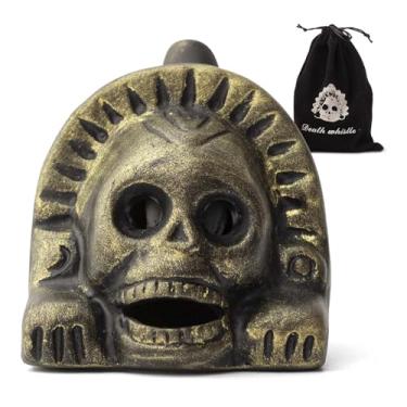 Imagem de Apito da Morte Asteca Autêntico - Caveira de argila feita à mão com som de grito perfurante nas orelhas para filmes de terror, brincadeiras de Halloween e rituais espirituais (ouro explosão solar)