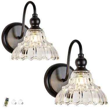 Imagem de Conjunto de dois apliques de parede, luminárias de parede sem fio operadas por bateria, luminária de parede de vidro moderna, com controles remotos e lâmpadas LED reguláveis, arandelas inter