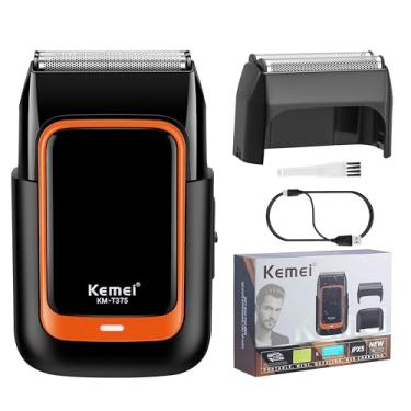Imagem de KEMEI Barbeadores compactos para rosto masculino, barbeador elétrico à prova d'água com lâminas flutuantes duplas molhado/seco, barbeador elétrico de viagem para homens com tela substituível, KM-T375