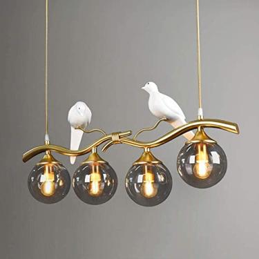 Imagem de Luminária pendente industrial linear de cozinha com 4 luzes e cúpula de vidro âmbar, decoração de pássaros, iluminação pendente de meados do século, lustre vintage dourado e fumê, para mesa