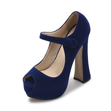 Imagem de OCHENTA Salto alto plataforma peep toe feminino tira no tornozelo salto grosso para festa uso diário, Veludo azul, 34