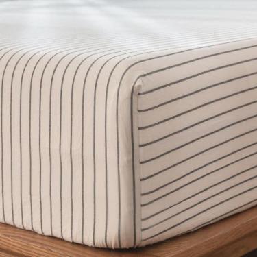 Imagem de MooMee Lençol de baixo com elástico 100% algodão lavado como linho texturizado respirável durável macio confortável bolso profundo cabe em colchões de até 43 cm (listras largas cinza escuro branco