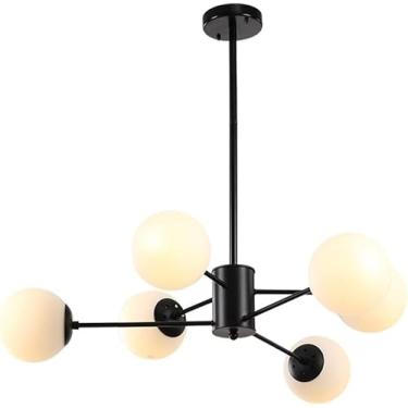 Imagem de Lustre moderno de meados do século, luz preta Sputnik, luminária de teto industrial vintage, luminária pendente de vidro leitoso branco para cozinha, ilha, quarto, sala de jantar, sala de es