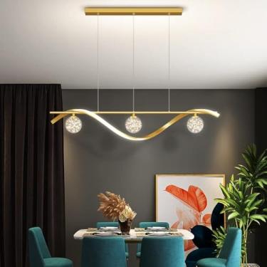 Imagem de Luminária pendente de LED geométrica moderna 30W Lustre de metal simples com cúpula de vidro Gypsophila Luminária pendente dourada para escritório linear para ilha de cozinha Sala de estar Q