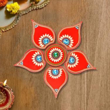 Imagem de ARTISENIA Deepak feito à mão vermelho acrílico diwali rangoli decorações de piso decoração de mesa pedras cravejadas lantejoulas decoração tradicional festiva porta de casa | Adesivos de parede de chão RV-025