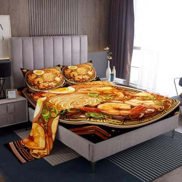 Imagem de Erosebridal Jogo de lençol King com macarrão ramen, ramen japonês, presente divertido para crianças e adultos, lençol com elástico com 2 fronhas para decoração de quarto
