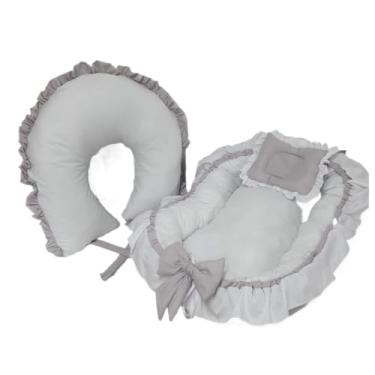 Imagem de Almofada De AmamentaçãO Com Acabamento Com Folhos + Organizador Para BerçO, Quente E Aconchegante(cinza/branco,COM ZÍPER)