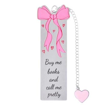 Imagem de Marcador de página de aço inoxidável com laço rosa - impresso com lindos padrões de laço e equipado com pingentes de coração, ideal para leitoras, presente de aniversário perfeito para namoradas