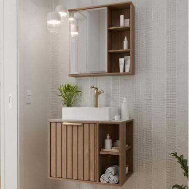 Imagem de Gabinete Suspenso Banheiro Noruega 60cm com Cuba e Espelheira Treviso Freijó