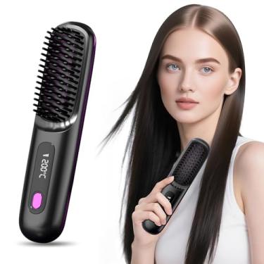 Imagem de Aimily Escova alisadora de cabelo com tela LCD (Aquecimento rápido de cerâmica MCH) (alisador de carregamento USB sem fio) Mini escova alisadora portátil para viagem em casa, preta