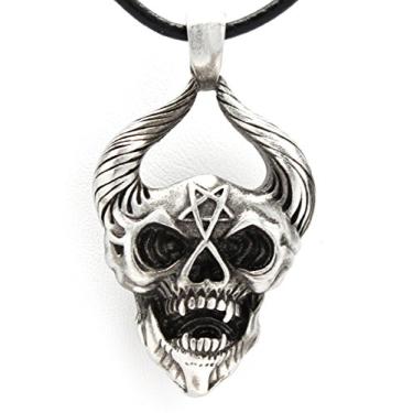 Imagem de Trilogy Jewelry Cabeça de demônio chifre de estanho com pingente de pentagrama invertido em colar de couro