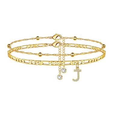 Imagem de Pulseiras de tornozelo Ursteel para mulheres, corrente Fígaro Banhado a Ouro 14 K Dainty Chain CZ Inicial Tornozeleiras de Verão Joias Presentes para Mulheres Adolescentes