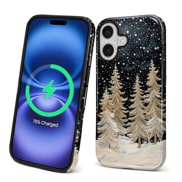 Imagem de ZHEGAILIAN Capa magnética para iPhone 17, compatível com MagSafe capa rígida de silicone macio 2 em 1 híbrido à prova de choque capa protetora contra quedas, pinho nevado, floresta de Natal