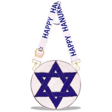 Imagem de CEALXHENY Bolsa feminina Hanukkah com contas estrela de David Menorah Dreidel bolsa de ombro transversal Hanukkah acessórios roupas, Azul, branco, Estilo E