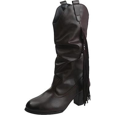 Imagem de Botas femininas de cano curto de couro com franja e bico redondo com salto alto grosso e forro de pele botas de neve, Café, 39 BR