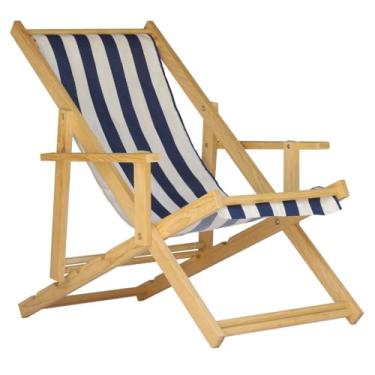 Imagem de Espreguiçadeira Reclinável Com Braço em Madeira Maciça Natural – Para Jardim, Varanda e Área Externa, Tecido Removível (Listrado Azul e Branco)