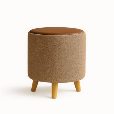Imagem de Puff Banquetas Redondo Banco Pufe Assento Macio em Courino Tecido Boucle Decorativo para Sala Escritório Apartamento Quarto Infantil Manu com Pés em Madeira (Bege/Marrom)