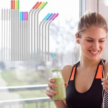 Imagem de Conjunto de 16 canudos de metal reutilizáveis com escova de limpeza para acessórios Stanley Cup, pontas de cotovelo de silicone destacáveis